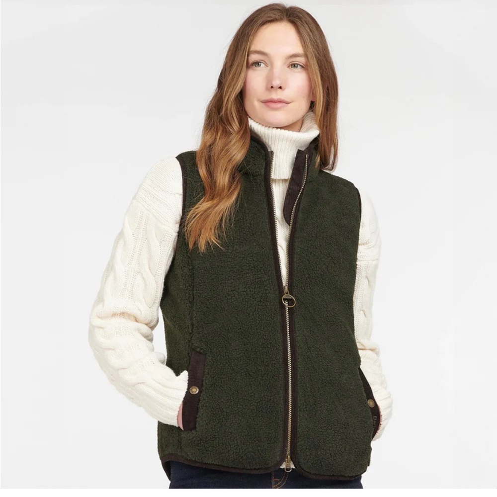 Barbour Burton Olive Fleece Vest w/corduroy trim. Size 8. EUC, never worn